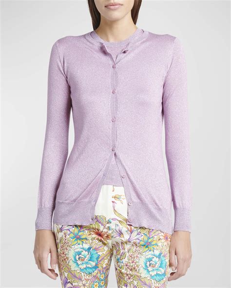 Etro Metallic Knit Crewneck Cardigan 